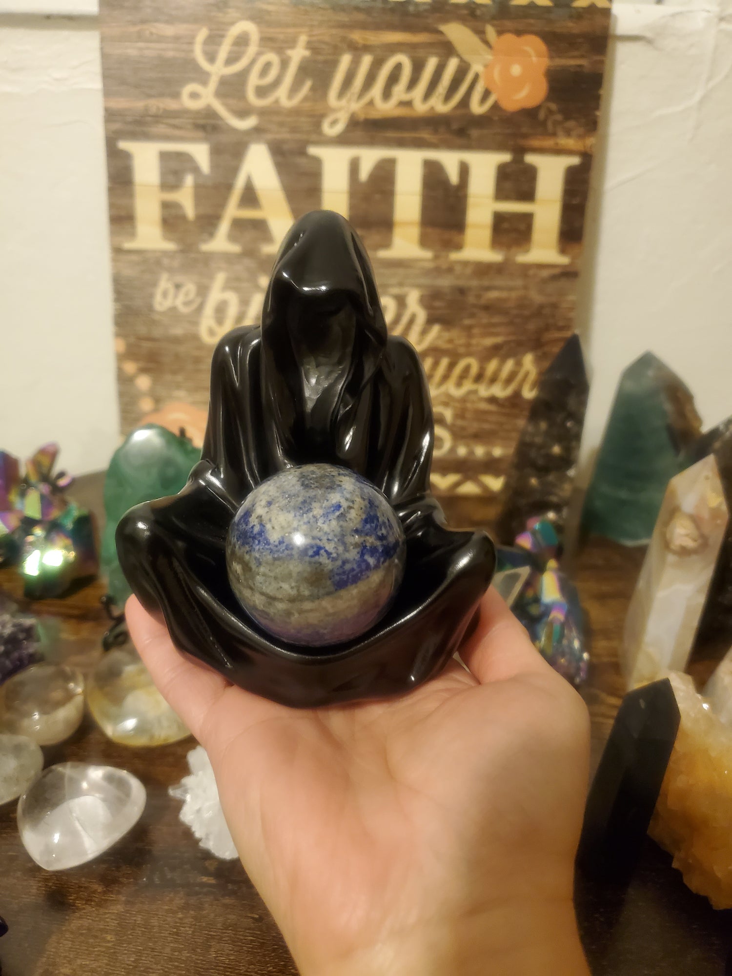 Black Resin Seer Statue/Crystal Sphere Holder w/ Lapis Lazuli/Aura Rose Crystal Sphere/ Vikings / Wica / Fortune Teller - Healing Plants Miami