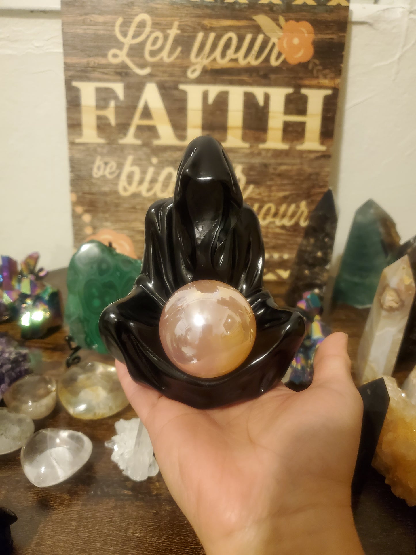 Black Resin Seer Statue/Crystal Sphere Holder w/ Lapis Lazuli/Aura Rose Crystal Sphere/ Vikings / Wica / Fortune Teller - Healing Plants Miami