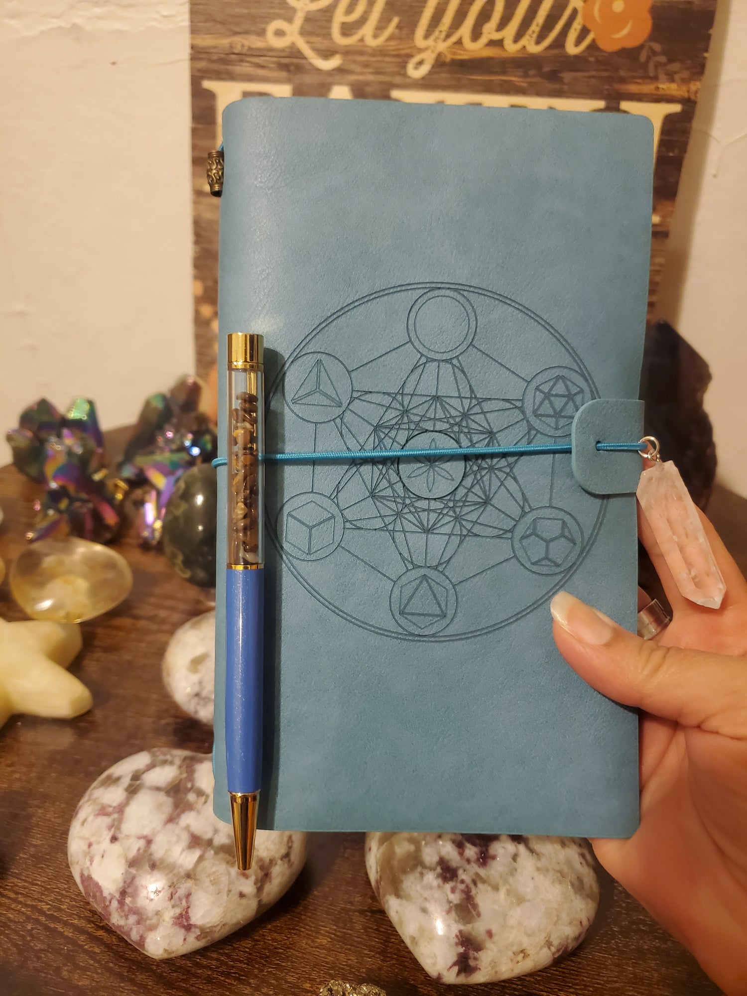 Leather Bound Tarot Journals / Spell book / Notebooks with Clear Quartz, Citrine, & Amethyst Crystals and Crystal Chips Pen included - Healing Plants Miami