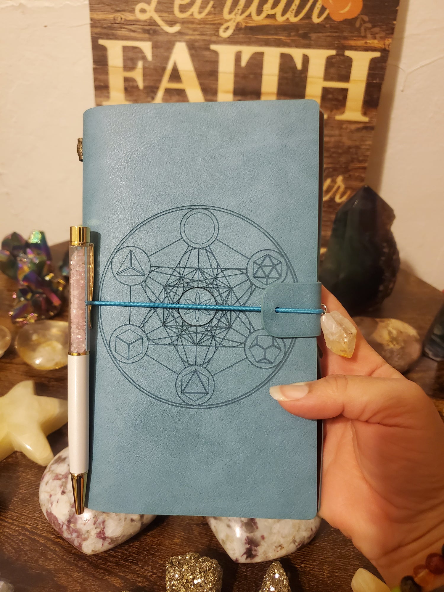 Leather Bound Tarot Journals / Spell book / Notebooks with Clear Quartz, Citrine, & Amethyst Crystals and Crystal Chips Pen included - Healing Plants Miami