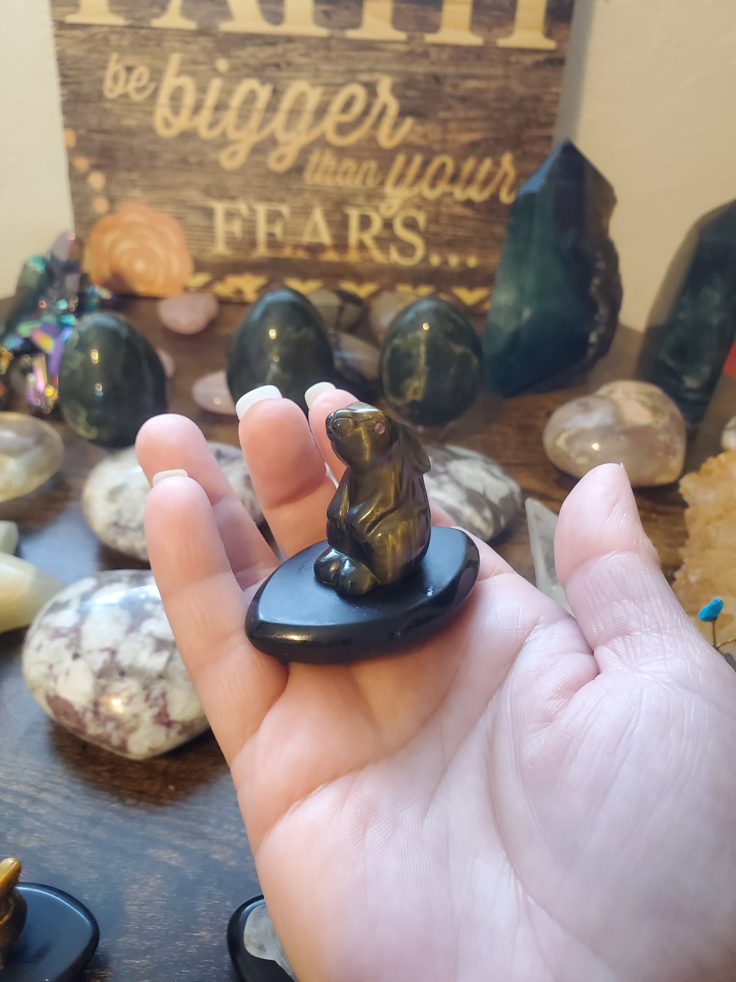 Owl figurine and Bunny figurines Tiger’s eye, Clear Quartz, and Rhodonite Crystal on Obsidian base - Healing Plants Miami