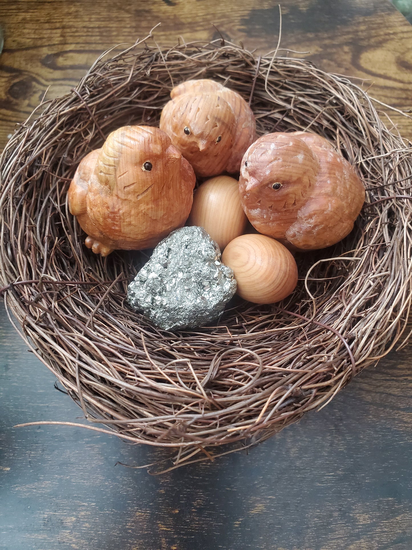 Pyrite Nugget in Bird's Nest with Hand Carved Wood Chicks / Wood Figurines/Pyrite Crystal - Healing Plants Miami