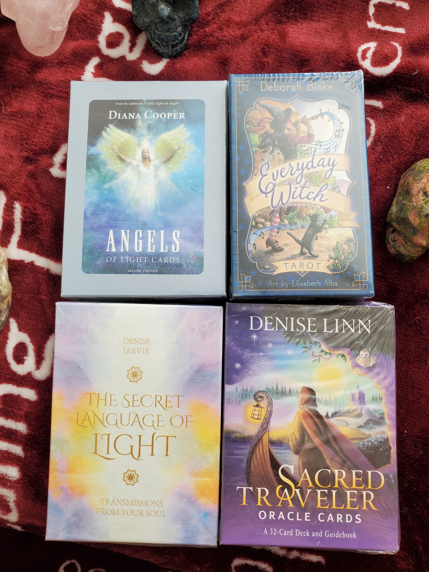 Tarot and Oracle cards Angelarium,  Sacred Traveler, The Secret Language of light, Everyday Witch, & Angels of Light